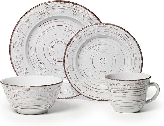 White 16-Piece Stoneware Dinnerware Set, Service for 4, Distressed White Finish, Microwave & Dishwasher Safe Plates and Bowls