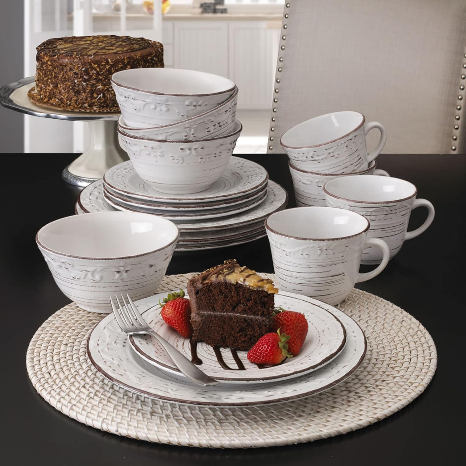 White 16-Piece Stoneware Dinnerware Set, Service for 4, Distressed White Finish, Microwave & Dishwasher Safe Plates and Bowls