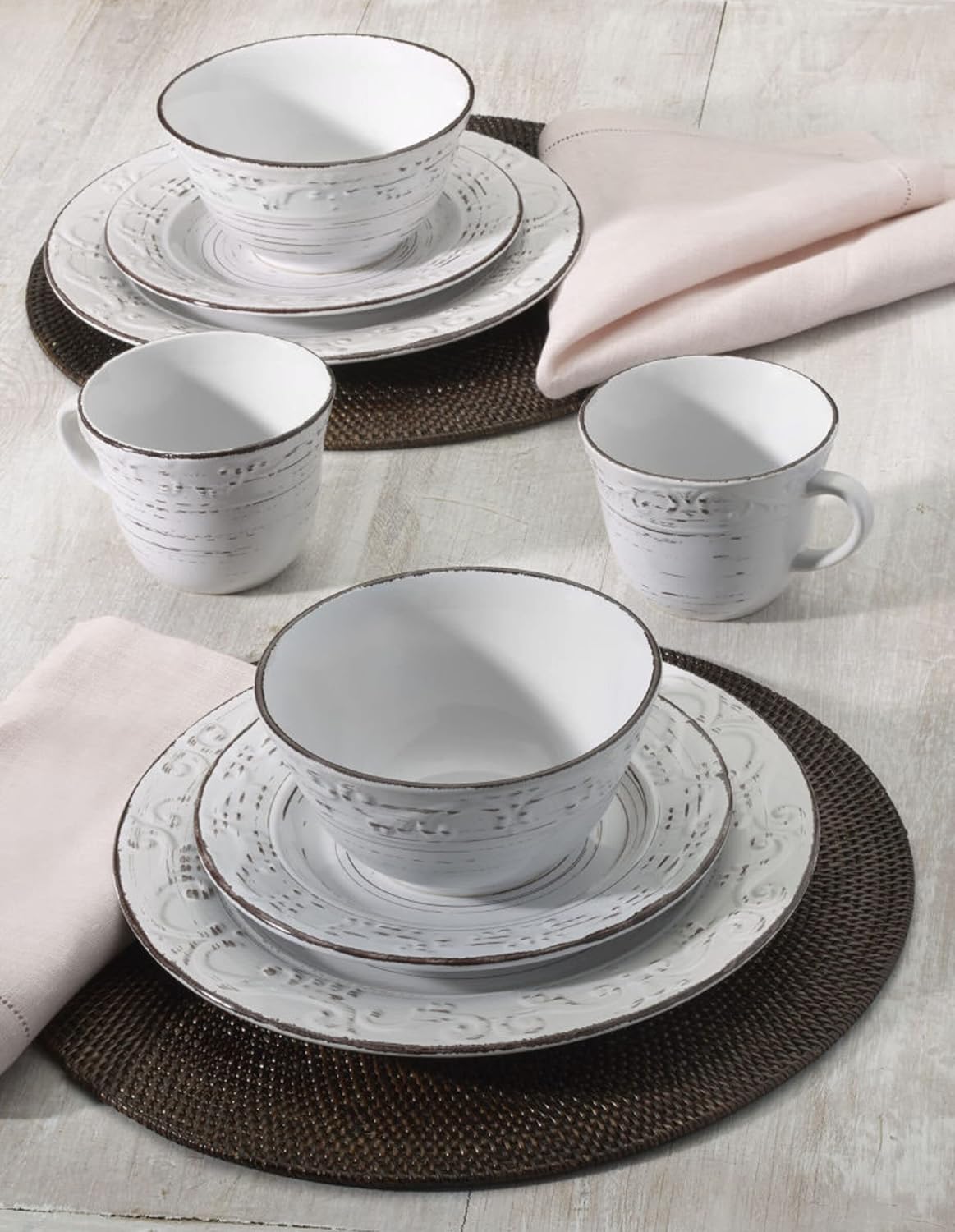 White 16-Piece Stoneware Dinnerware Set, Service for 4, Distressed White Finish, Microwave & Dishwasher Safe Plates and Bowls